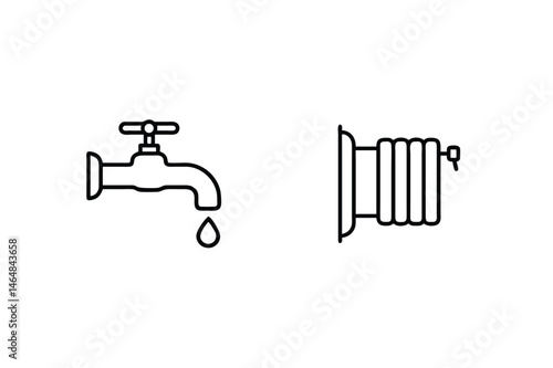 Vector outline illustrations of water faucet and radiator design elements on white background