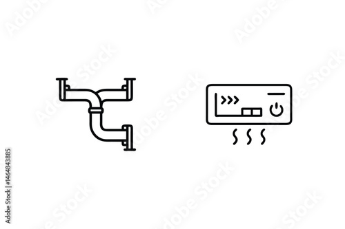 Simple linear icons of plumbing pipe system and air conditioner control panel elements