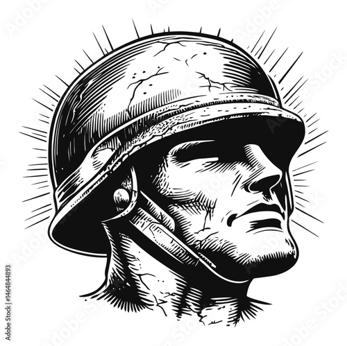Detailed Engraving of a Soldier's Head in Classic Line Art Style