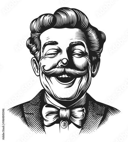 Vintage Style Engraved Portrait of a Joyful Man with Bow Tie