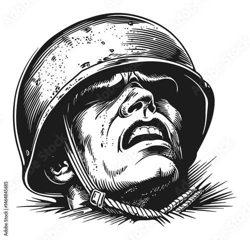 Detailed Engraving of Soldier in Helmet with Emotional Expression