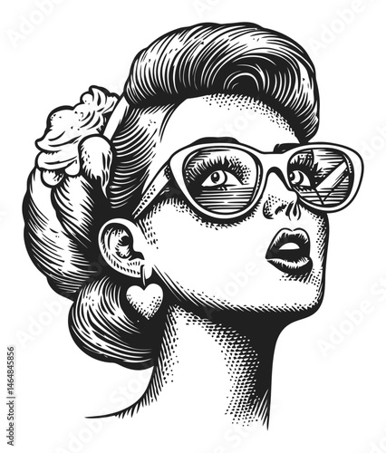 Vintage Engraving of a Stylish Woman with Glasses and Hair Accessories