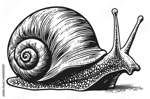 Detailed Engraving of a Snail in Black and White Line Art Style