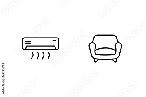 Minimalist black and white vector icons depicting air conditioning and armchair designs