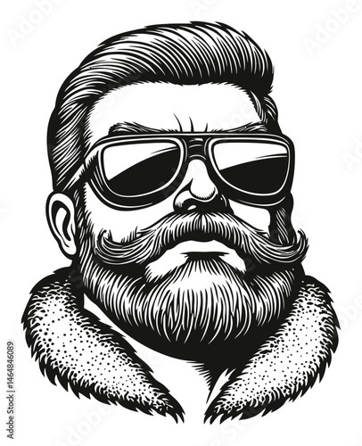 Stylish Vintage Man with Sunglasses and Beard in Engraved Style Art