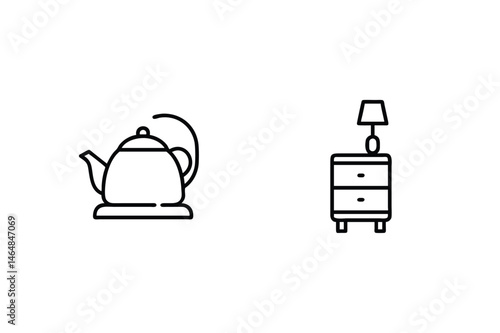 Simple black and white icons of a kettle and a nightstand for minimalist design concepts