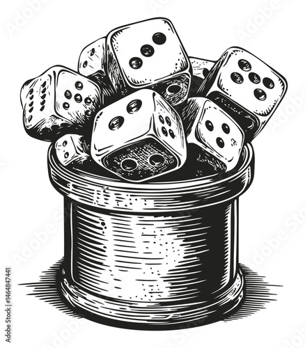 Vintage Engraving of Dice in a Bucket, Hand-Drawn Artwork