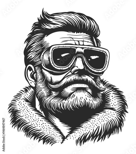 Vintage Engraving of a Bearded Man in Sun Glasses and Fur Collar