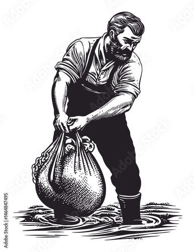 Vintage Engraving of Fisherman with Catch in Artistic Line Drawing