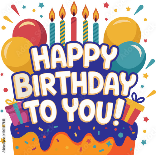 Happy birthday vector design. Happy birthday to you text with surprise element like balloons, gift and confetti decoration for birth day celebration greeting card. Vector illustration.