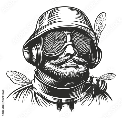 Detailed Engraving of Vintage Soldier with Goggles and Flies