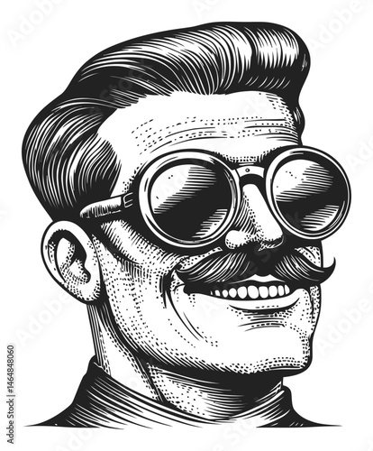 Vintage Male Portrait with Sunglasses and Mustache in Black and White
