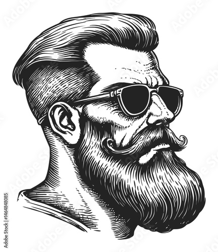 Stylish Engraving of a Beard and Mustache Man with Sunglasses