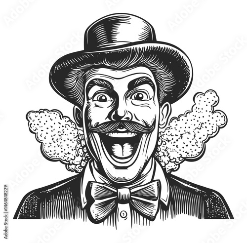Vintage Engraving of a Joyful Clown with a Bow Tie and Top Hat