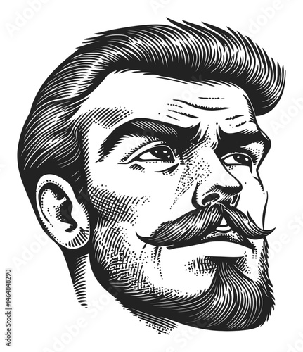Vintage Engraved Portrait of a Man with Mustache and Hair Style