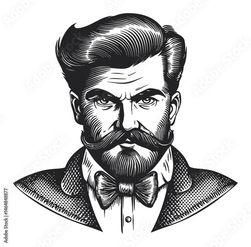 Vintage Elegant Man Portrait in Line Art Engraving Style