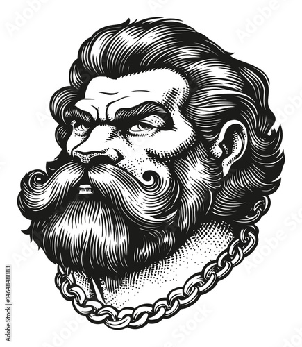 Detailed Black and White Engraving of Bearded Man with Chain