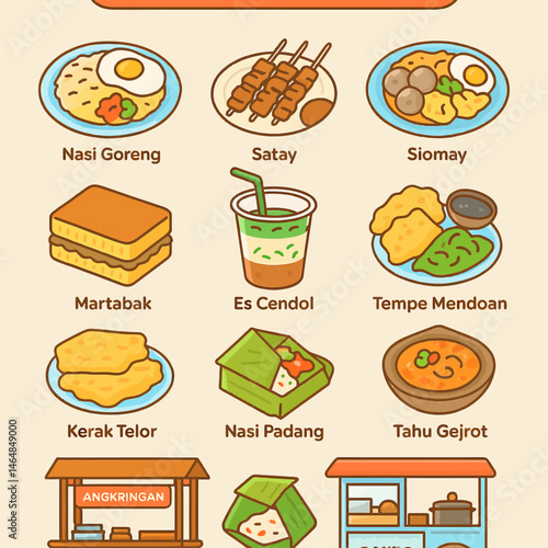 Indonesian Street Food Vector Set – Flat Style Icon Pack of Traditional Snacks