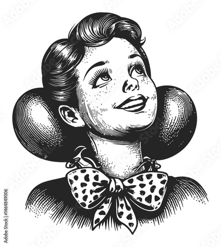 Vintage Engraved Portrait of a Cheerful Woman with a Bow Tie
