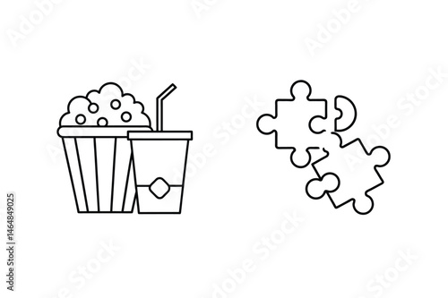 Monochrome illustration of popcorn drink and puzzle pieces representing entertainment and solving