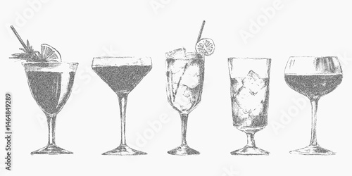 Classic cocktails and drinks, hand drawn with grunge style noisy gritty dot halftone effect. Retro pop art stipple sketch for bar menus and posters, Italian style.
