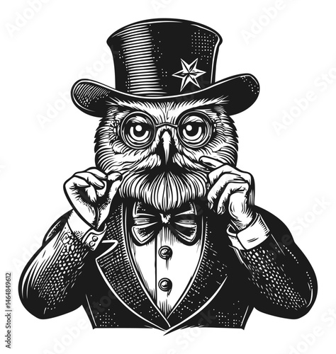 Dapper Owl in Top Hat and Bow Tie Engraving Artwork for Decor