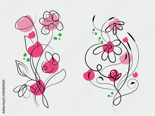 Abstract Floral Design with Pink and Green Accents Two Elegant Line Art Flower Arrangements