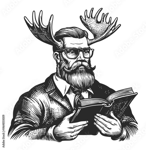 Vintage Style Engraving of a Man Reading with Antlers on Head