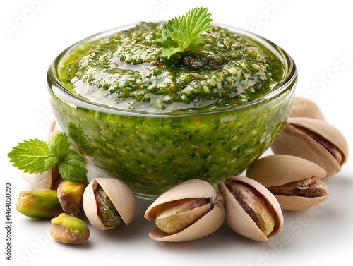 Fresh homemade pistachio pesto sauce in glass bowl with ed pistachios and mint leaves on white background.