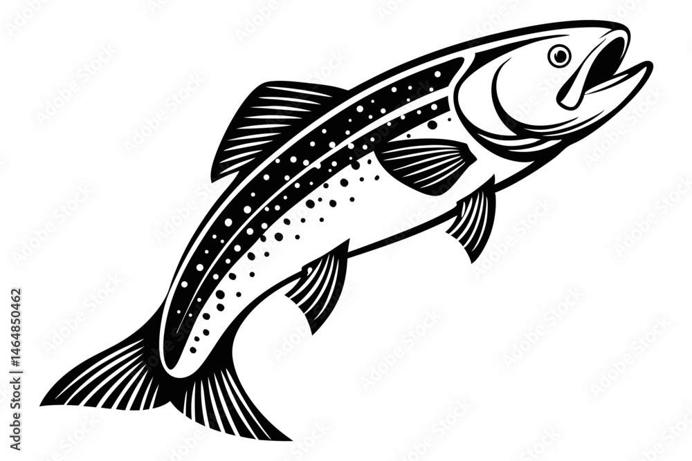 Fototapeta premium Black and White Illustration of a Leaping Trout Fish.