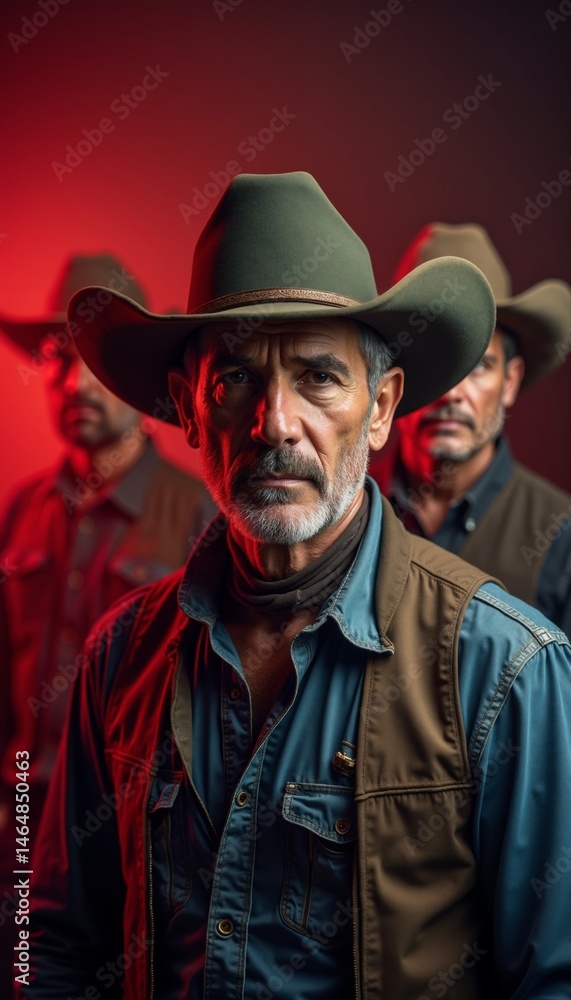 Authentic cowboys displaying rugged determination under moody red lighting with stylish hats capturing raw Western spirit Authentic cowboys displaying rugged determination under moody red lighting with stylish hats capturing raw Western spirit