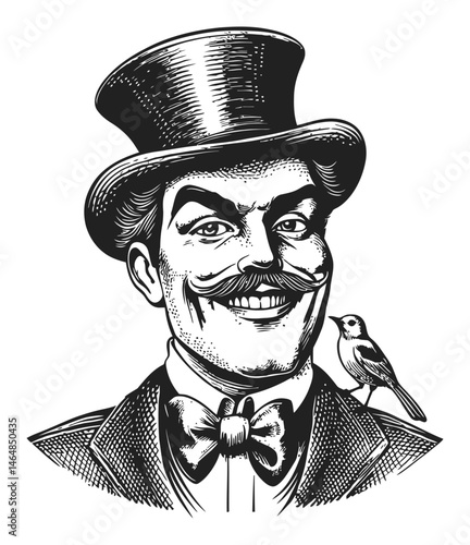 Vintage Engraving of a Smiling Gentleman with a Bird on Shoulder