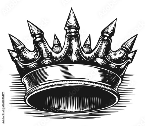 Detailed Black and White Engraving of a Spiked Crown Design