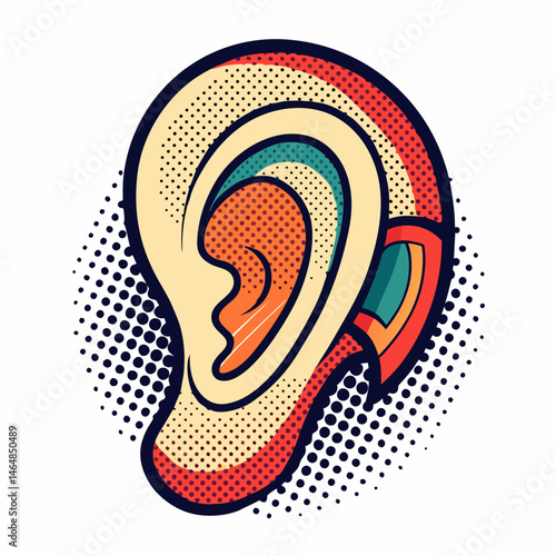 Stylized Pop Art Human Ear Illustration Retro Design Element.