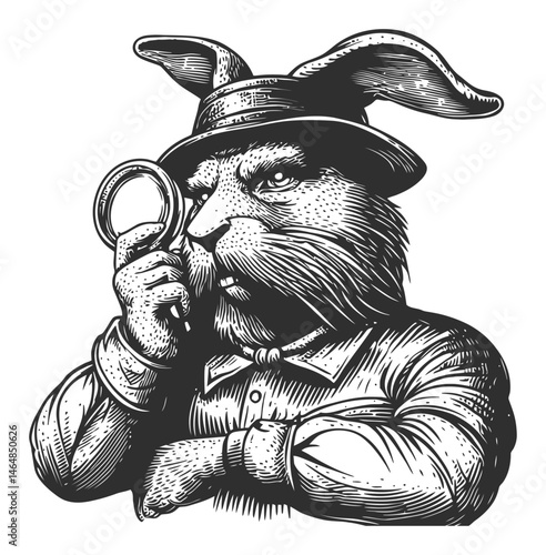 Detailed Engraving of Rabbit in Hat with Magnifying Glass