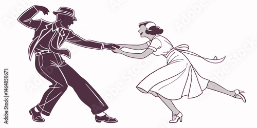 Vintage Couple Lindy Hop Dancing Silhouette Illustration.