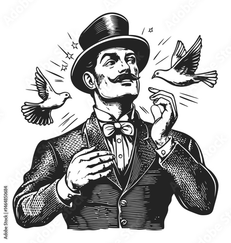 Vintage Engraving of a Magician with Doves in Artistic Style
