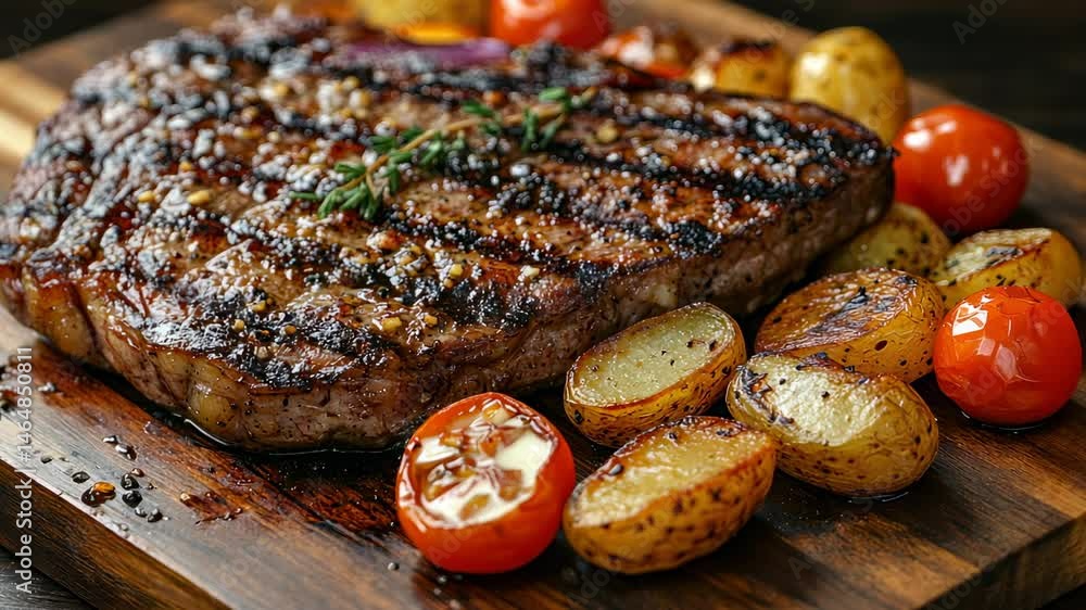Grilled Ribeye Steak with Roasted Potatoes and Cherry Tomatoes Grilled Ribeye Steak with Roasted Potatoes and Cherry Tomatoes