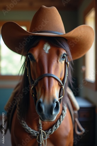 Cowboy horse portrait with brown hat and rich coat in natural light, capturing serene expression and rustic background ambiance