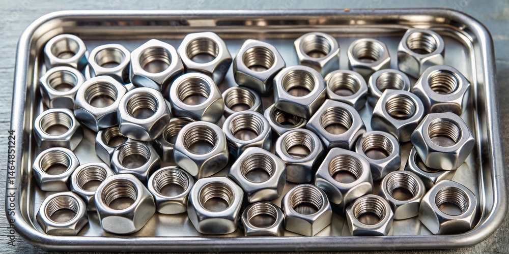 A Collection of Shiny Metal Hex Nuts in a Stainless Steel Tray A Collection of Shiny Metal Hex Nuts in a Stainless Steel Tray