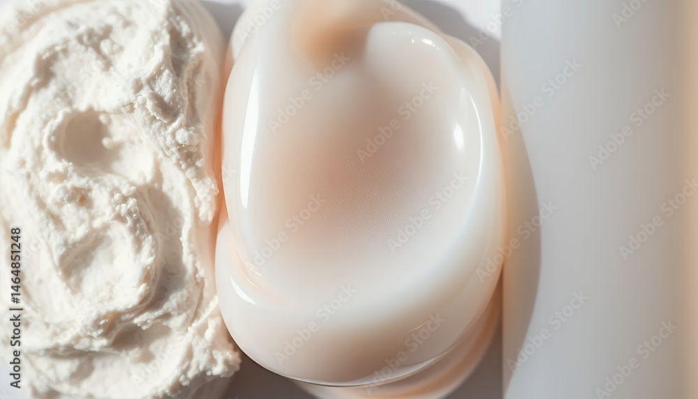 Fototapeta premium Contrasting Cream and Serum Close Up Studio Shot Displaying Textures and Bright White Background Skincare Product Ingredient