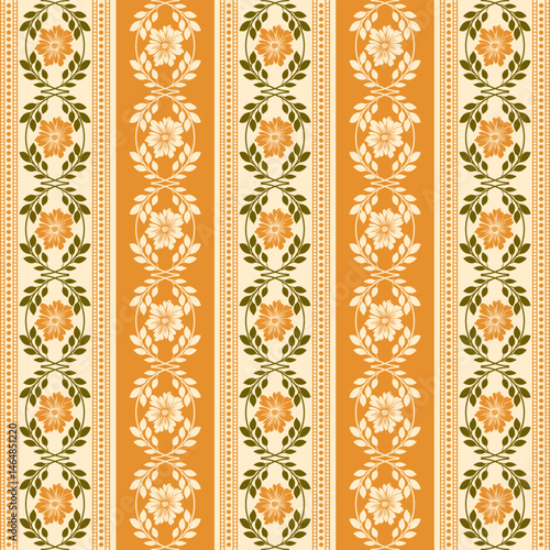 seamless vertical floral stripe pattern in warm orange and peach tones. Featuring repeating folk-style flower motifs and symmetrical borders. Perfect for textile design, packaging, or digital paper.