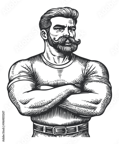 Stylish Engraved Portrait of a Muscular Man with Beard and Mustache