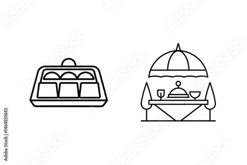Simple black and white catering illustration of food service and table setting