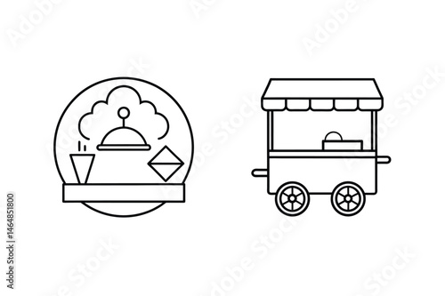 Minimalist illustration of food cart and catering logo icon set in outlined style