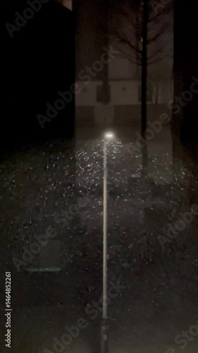 Snow reflected in the winter streetlights like snowballs