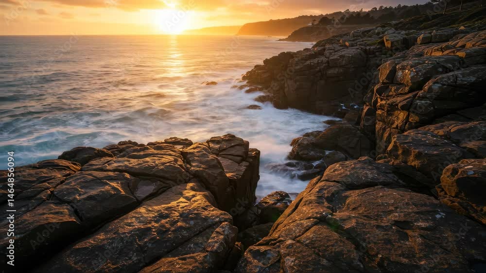 Ocean Waves Splashing on Dark Rocky Shoreline During Golden Sunset Ocean Waves Splashing on Dark Rocky Shoreline During Golden Sunset