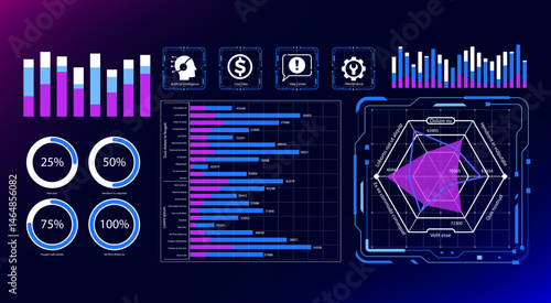 Futuristic business chart set with blue and purple HUD design. Vector interface elements in trend colors perfect for digital dashboards, data visualization, and technology applications.