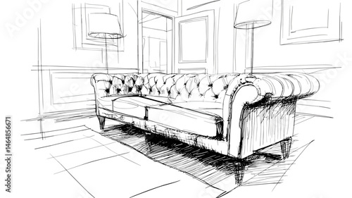 vector drawing black and white interior with sofa .Generative AI