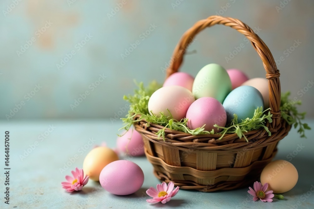 Pastel eggs nestled in a rustic wooden basket with ribbon , easter, shabbychic Pastel eggs nestled in a rustic wooden basket with ribbon , easter, shabbychic